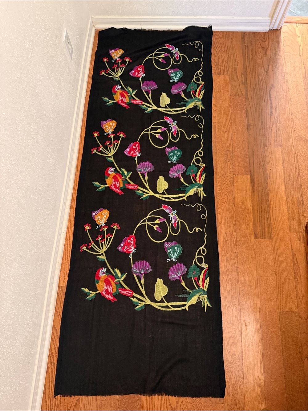 Hand-Embroidered Black Floral Bird Anu Wool Scarf